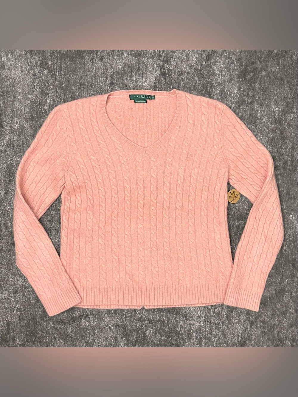 Lauren Ralph Lauren Women's XL Pink 100% Cashmere Cable Knit V-Neck Sweater FLAW